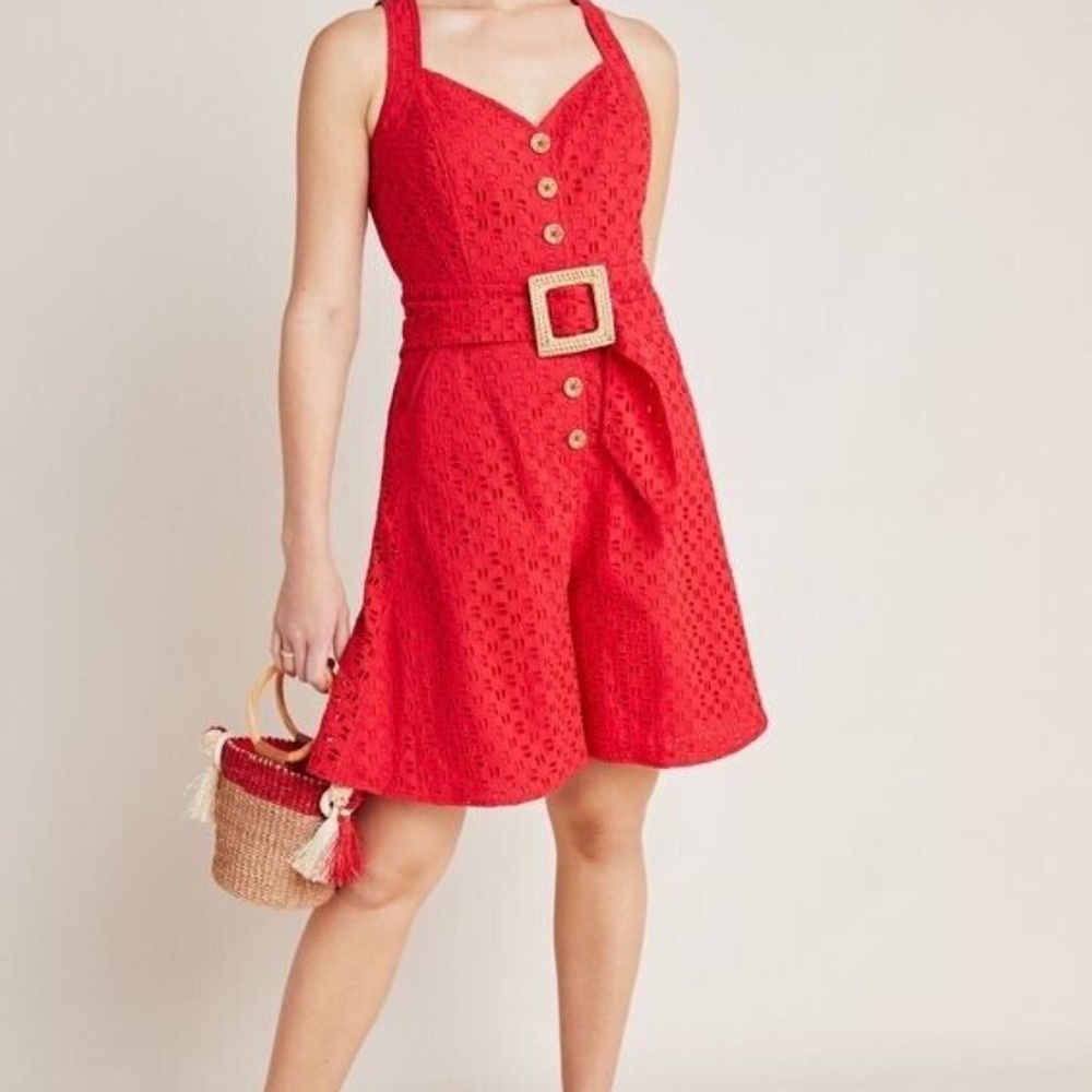 Anthropologie | Red Belted Eyelet Romper | Size 2